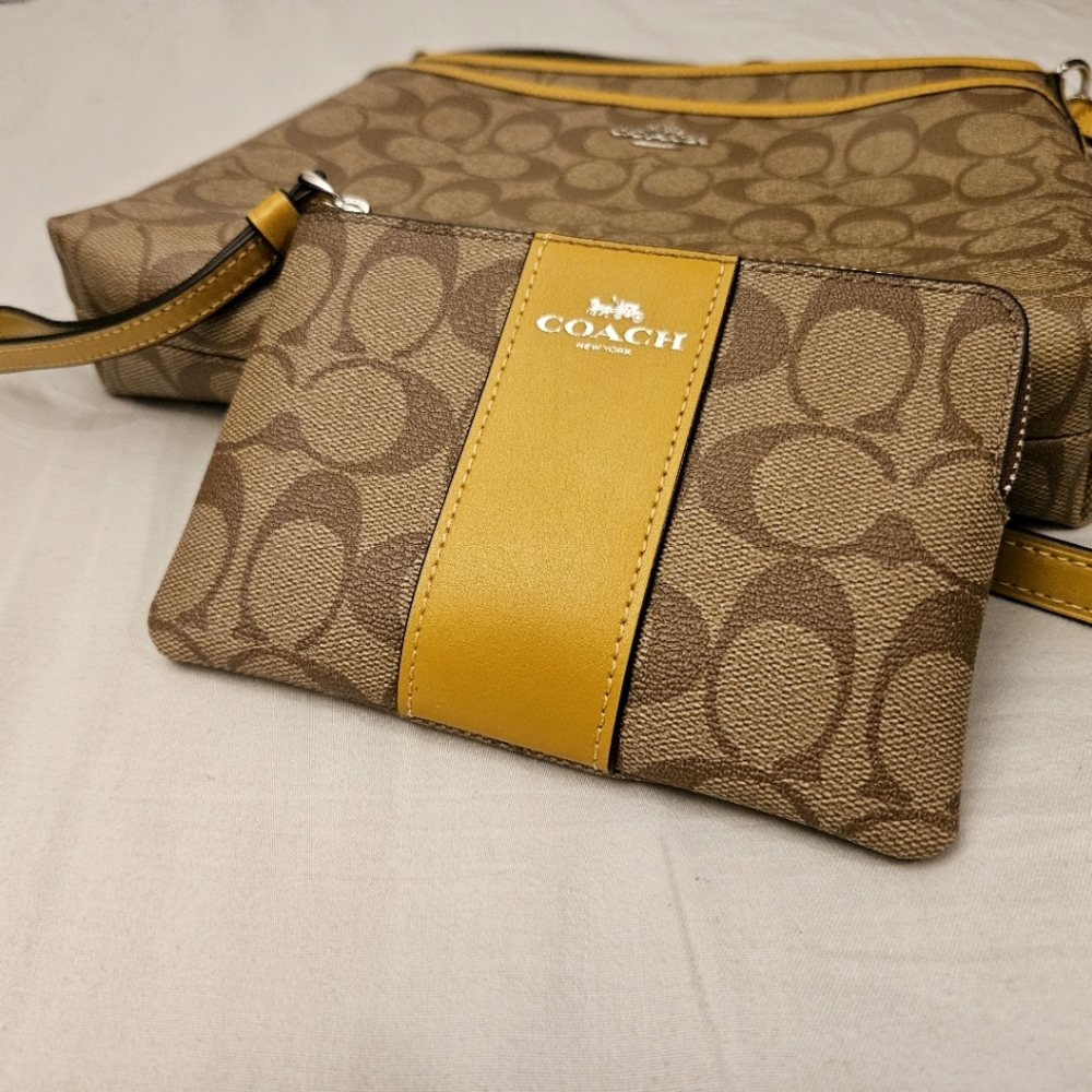 Coach Brown and Yellow Signature Wristlet